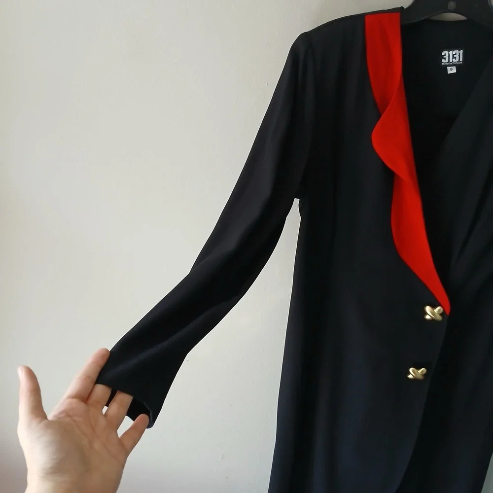 Vintage‎ 3131 1980's Women's Size 8 Midi Wrap Dress Gold Button Shoulder Pads